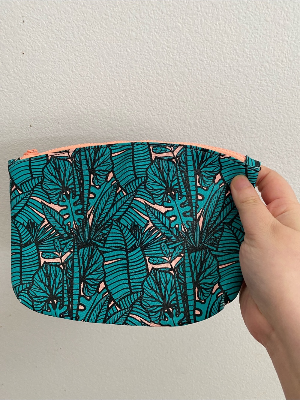 ipsy Teal and Peach Leaf-Print Zip Pouch